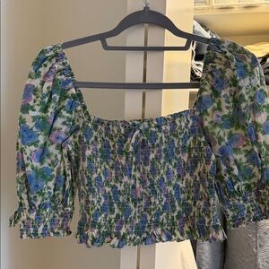 For Love And Lemons Blue Green Pink Floral Smocked Puff-Sleeve Crop Top